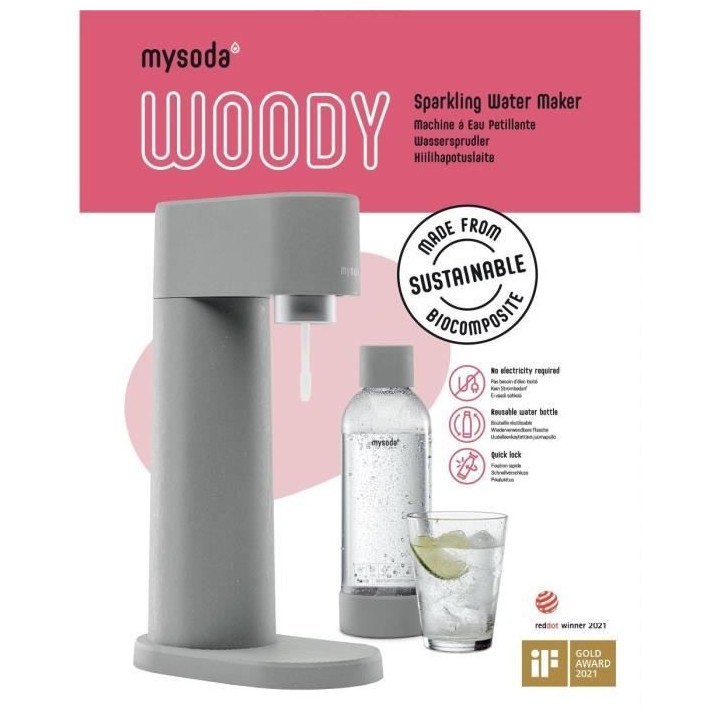 MYSODA Machine a Soda Woody Gray, 1 bouteille de 1L, 1 cylindre de CO2