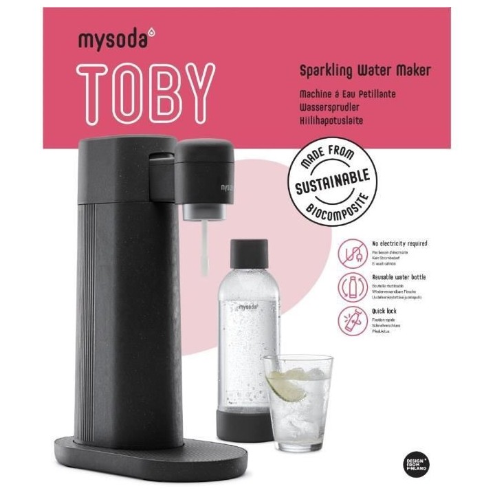 MYSODA Machine a Soda Toby Black, 1 bouteille de 0.5L, 1 bouteille de