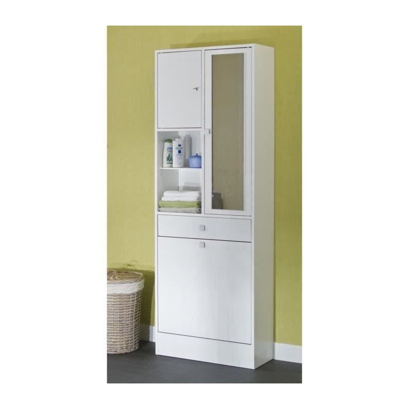 GALET Armoire de toilette - 2 portes + 1 paniere a linge + 1 tiroir Miroir - Blanc mat - L 63 x P 30 x H 181 cm - SYMBIOSIS