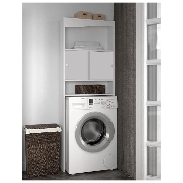 GALET Meuble WC ou machine a laver - Blanc mat - 2 portes coulissantes