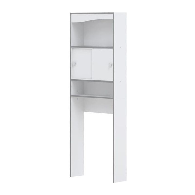 VESSA Meuble WC ou machine a laver - Blanc et Taupe - 2 portes coulissantes + 3 niches - L 64 x P 19 x H 178 cm - SYMBIOSIS