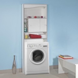 VESSA Meuble WC ou machine a laver - Blanc et Taupe - 2 portes coulissantes + 3 niches - L 64 x P 19 x H 178 cm - SYMBIOSIS