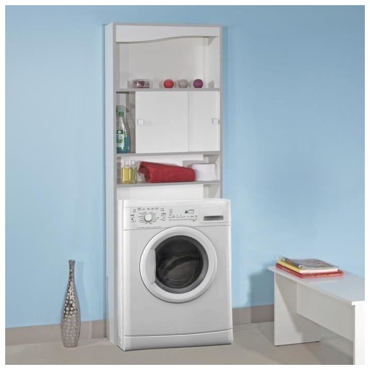 VESSA Meuble WC ou machine a laver - Blanc et Taupe - 2 portes couliss