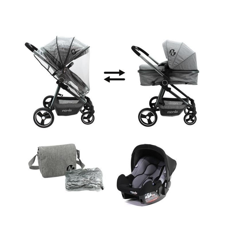 NANIA Poussette Giulia - Nacelle + Siege auto BEONE 0+ - Sac a langer + Habillage pluie - Des la naissance - Jusqu'a 15kg - Gris