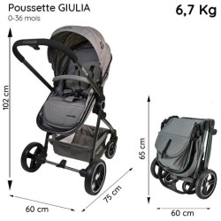 NANIA Poussette Giulia - Nacelle + Siege auto BEONE 0+ - Sac a langer + Habillage pluie - Des la naissance - Jusqu'a 15kg - Gris