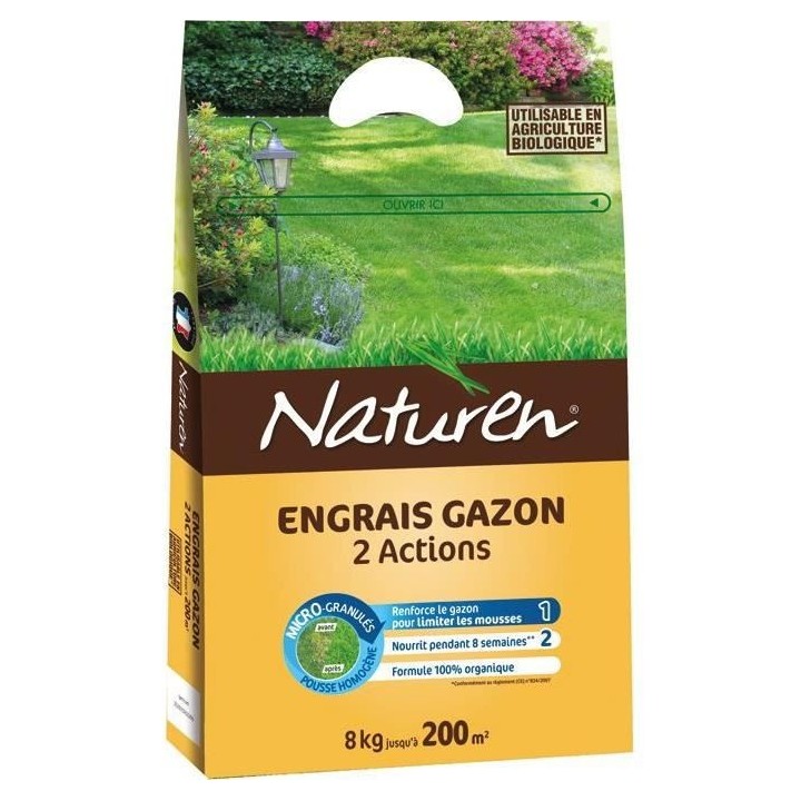 NATUREN Engrais Gazon Organique 2 en 1 - 8kg