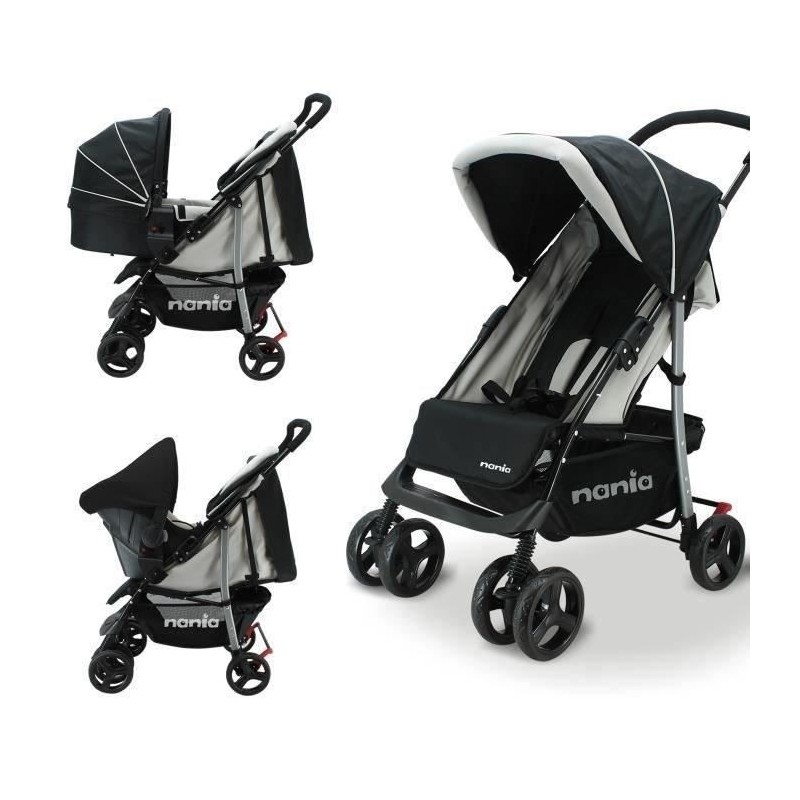 NANIA Poussette combinée trio Texas - Siege auto BEONE groupe 0+ (0-13kg) - 0-36 mois - Jusqu'a 15kg - Noir et beige