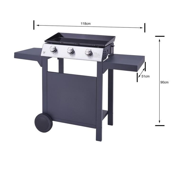CHARLY Plancha gaz 3 feux sur chariot - Acier émaillée - 60 x 35 cm