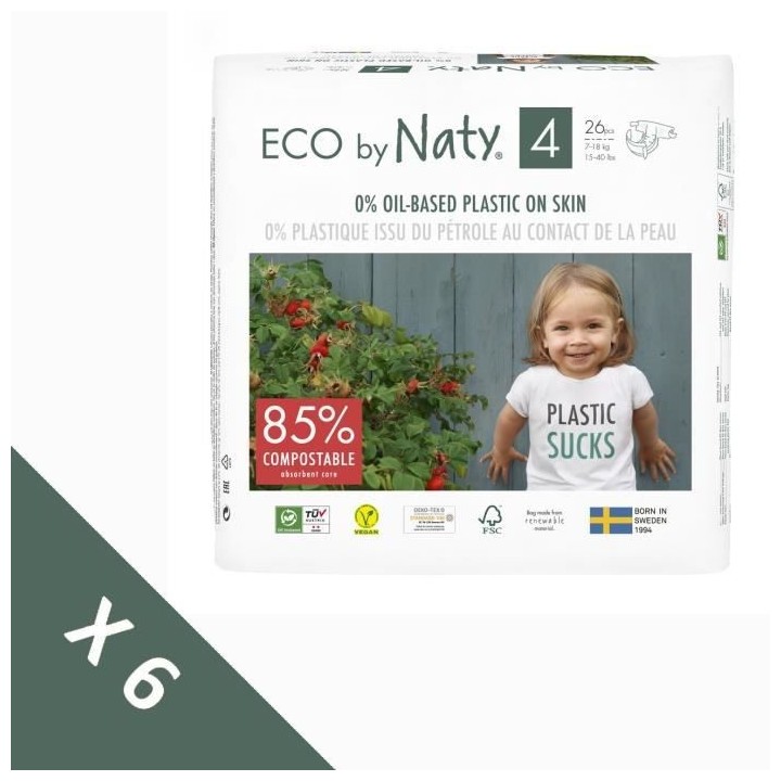 NATY - Lot de 6 paquets de couches Taille 4 Maxi 7-18 kg 156pcs