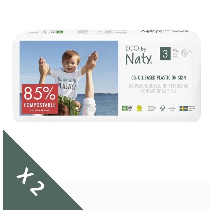 NATY - Lot de 2 paquets de couches Taille 3 Midi 4-9 kg 100pcs