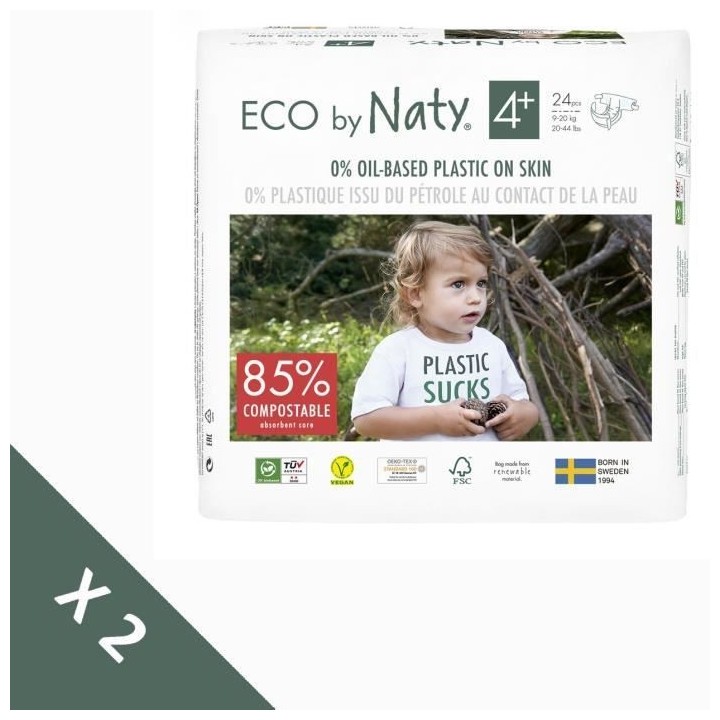 NATY - Lot de 2 paquets de couches Taille 4+ Maxi+ 9-20 kg 84pcs