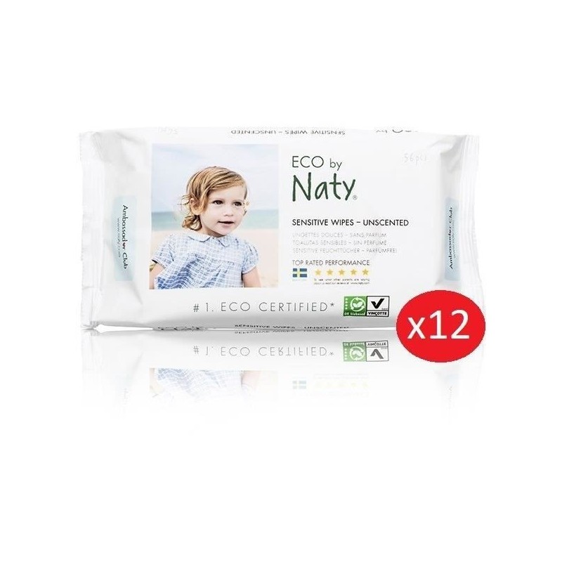 NATY - Lot de 12 paquets de 56 Lingettes douces eco sans parfum