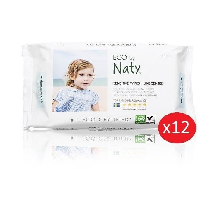 NATY - Lot de 12 paquets de 56 Lingettes douces eco sans parfum
