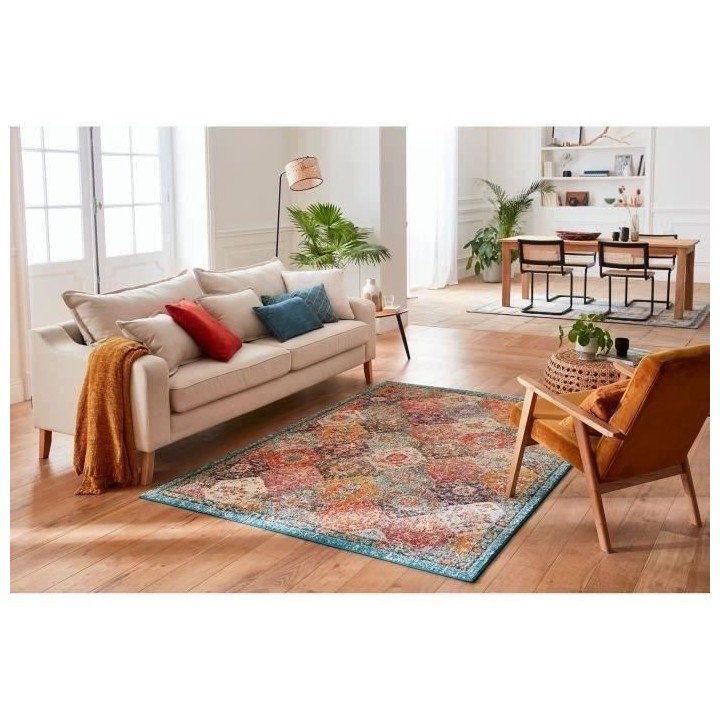 NAZAR Tapis EMA vintage coloré - 120 x 170 cm - Bleu, beige et rouge