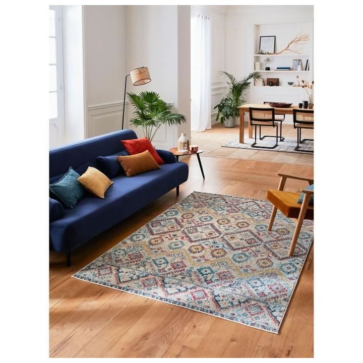 NAZAR Tapis EMA vintage coloré - 120 x 170 cm - Bleu, beige et rouge