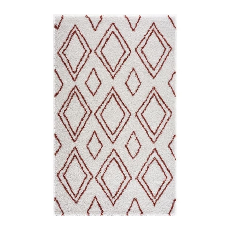 NAZAR Tapis de salon Shaggy longues meches style Berbere LOSA- 120 x 160 cm - Blanc et terracotta