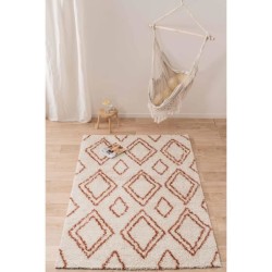 NAZAR Tapis de salon Shaggy longues meches style Berbere LOSA- 120 x 160 cm - Blanc et terracotta