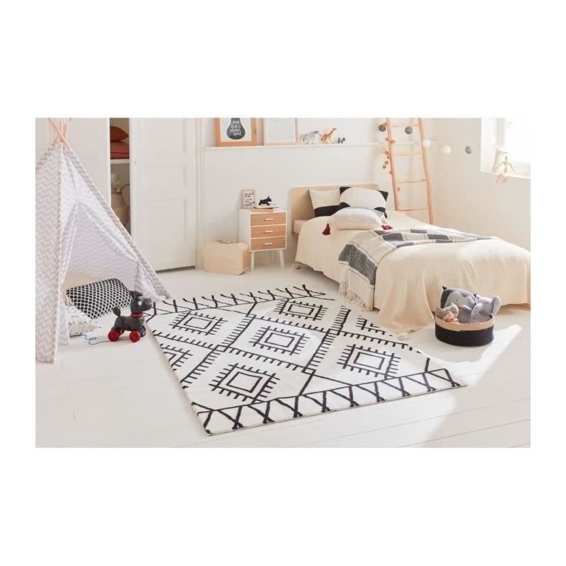 Tapis shaggy a motif berbere Loft - Blanc et noir - 140x200 cm - Lavable en machine - Intérieur