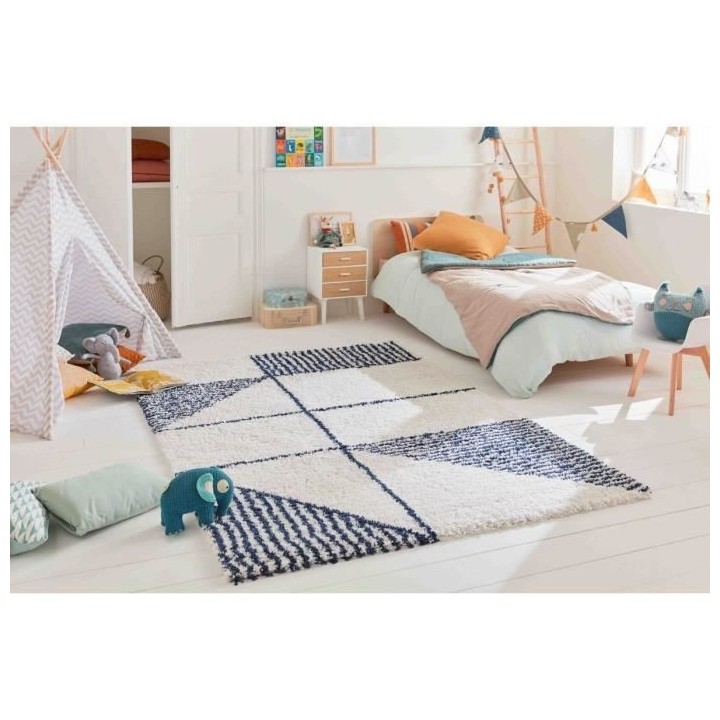 Tapis poils longs - Motif géométrique - Bleu - 100% polypropylene -