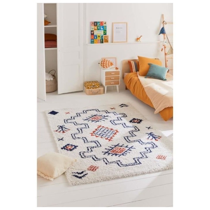 Tapis de chambre - Motif Azteque - Bleu marine et blanc - 100% polypro
