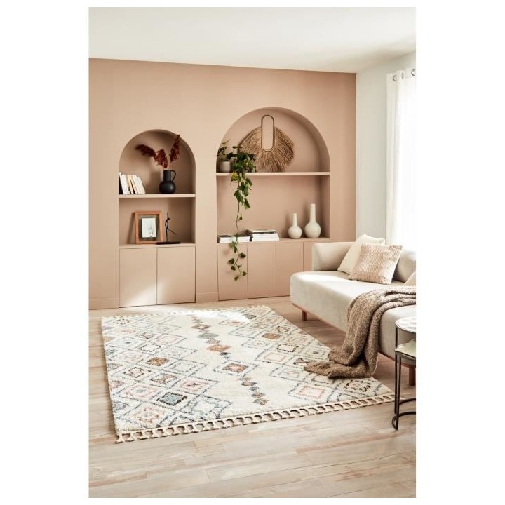 Tapis shaggy Delya - Creme - Motif ethnique - 100% polypropylene - 120