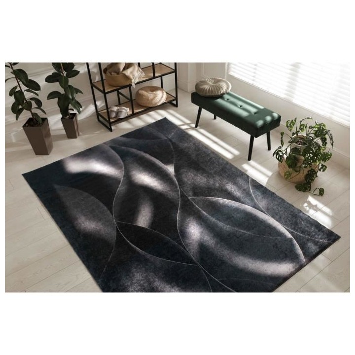 Tapis de salon moderne - Noir - 100% polyester - Motif vagues - 120 x