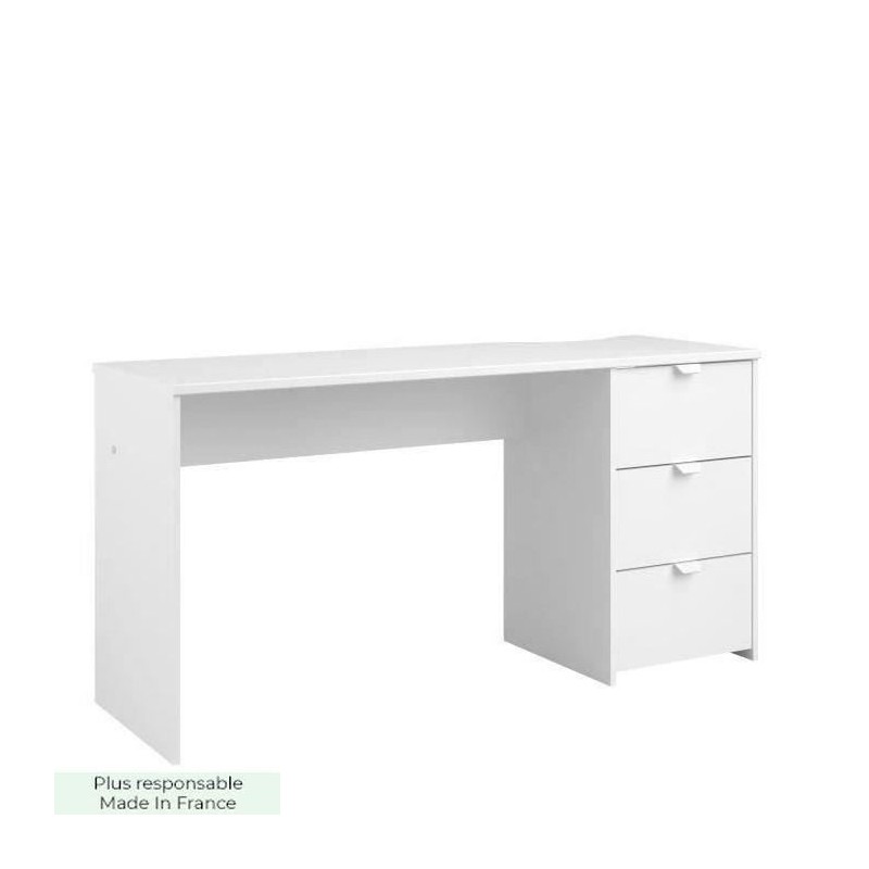 Bureau droit en panneaux de particules - Décor blanc - Style classique - L 150 x P 49 x 75 cm - 3 tiroirs - ESSENTIELLE