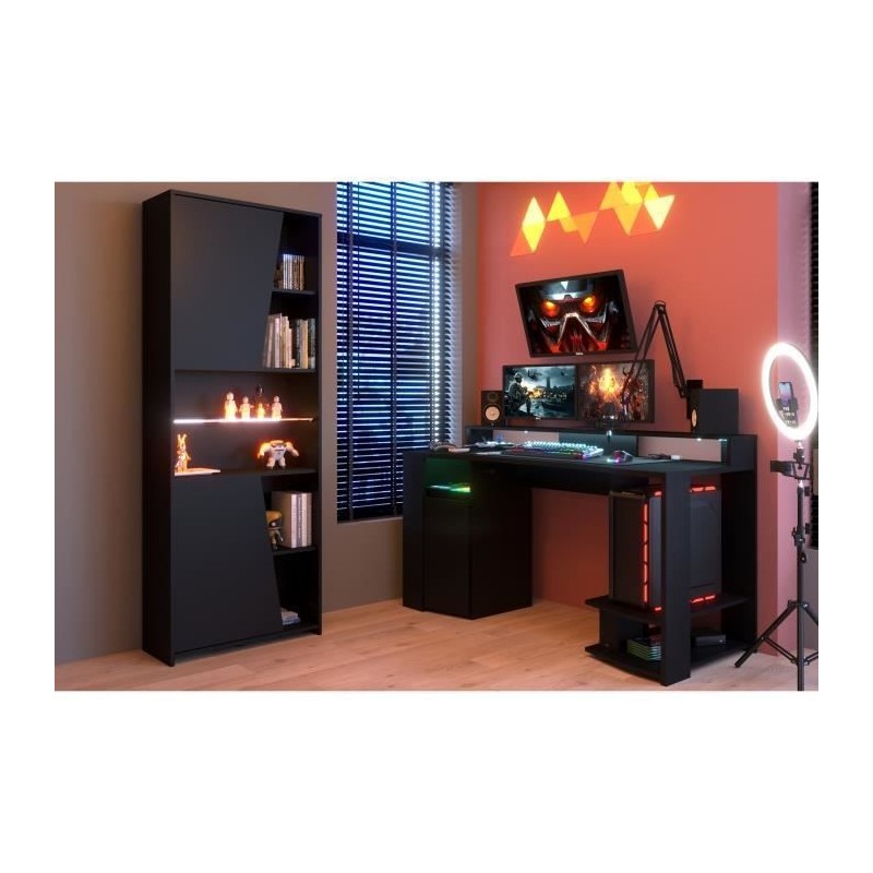 PARISOT Gaming Ensemble bureau gamer + bibliotheque 2 portes - Décor noir