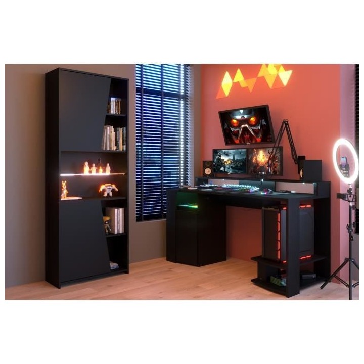 PARISOT Gaming Ensemble bureau gamer + bibliotheque 2 portes - Décor