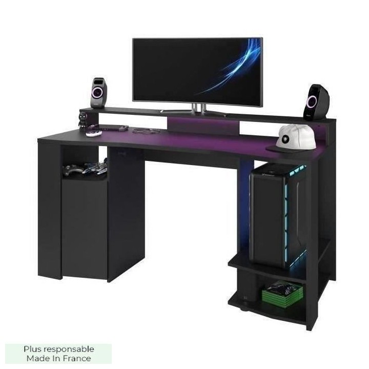 Bureau gaming LED droit - Noir - L 152 x P 61,5 x H 86,7 cm - Grande z