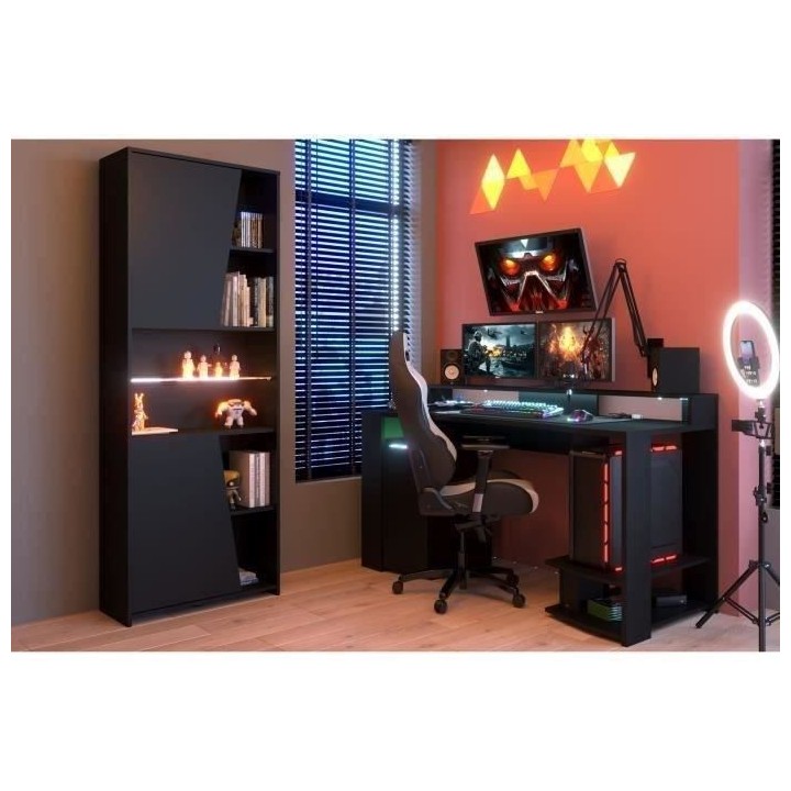 Bureau gaming LED droit - Noir - L 152 x P 61,5 x H 86,7 cm - Grande z