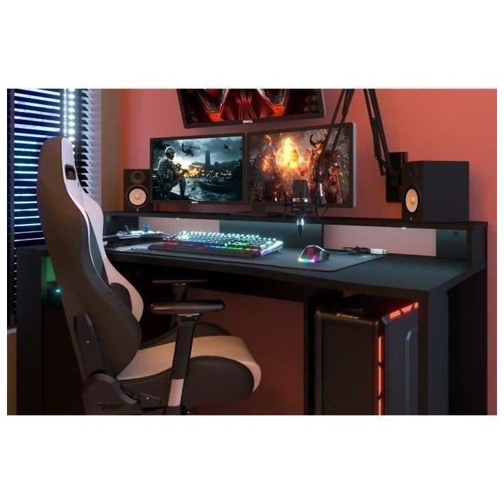 Bureau gaming LED droit - Noir - L 152 x P 61,5 x H 86,7 cm - Grande z