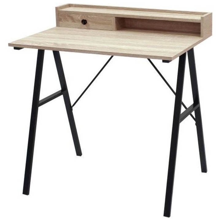 NEW BRISTOL Bureau en métal 1 tiroir - Décor chene et noir - L 80 x