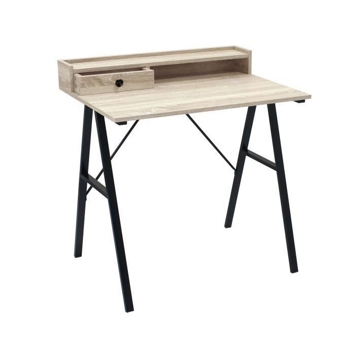 NEW BRISTOL Bureau en métal 1 tiroir - Décor chene et noir - L 80 x