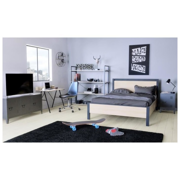 NEW BRISTOL Bureau en métal 1 tiroir - Décor chene et noir - L 80 x