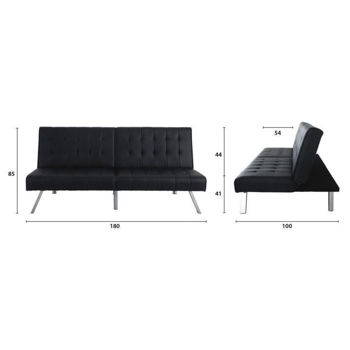 DANA Banquette convertible clic-clac 3 places - Simili noir et pieds m