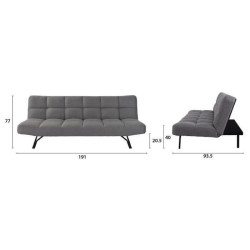 Banquette convertible clic-clac 3 places - Tissu gris clair et pieds en métal - L 191 x P 93 x H 77 cm - DASHA