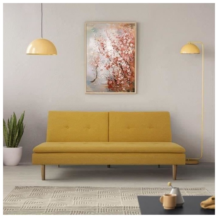 Banquette convertible 2 places en bois - Tissu Jaune - L 189 x P 105 x