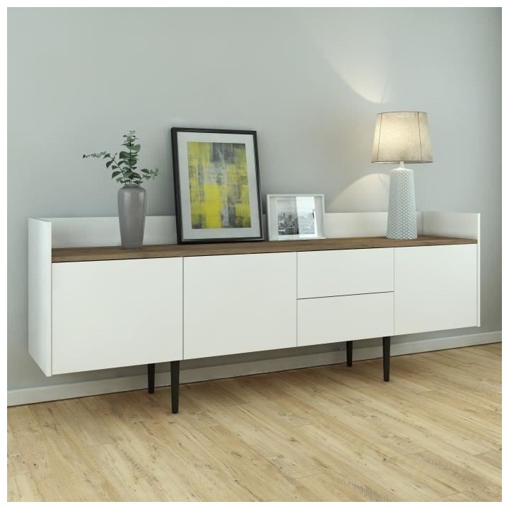 TVILUM Enfilade - Blanc & ton bois Noyer - Scandinave - 3 portes 2 tir