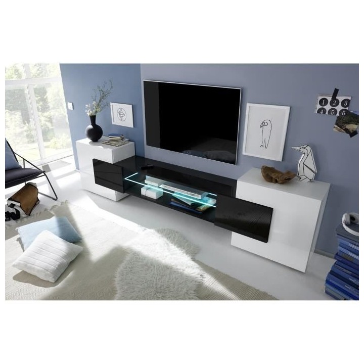 Meuble TV avec LED 2 portes - Blanc laqué brillant et noir - L 258 x