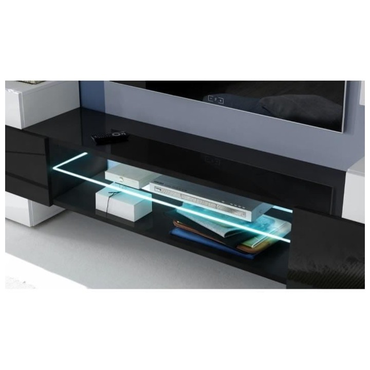 Meuble TV avec LED 2 portes - Blanc laqué brillant et noir - L 258 x