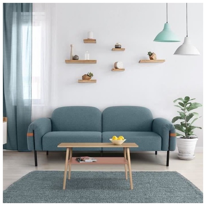 Canapé fixe 3 places - Tissu bleu clair et pieds en métal - L 202 x