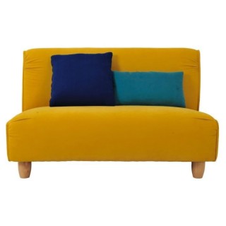 MELINA Canapé fixe 2 places - Tissu jaune moutarde et pieds en bois -