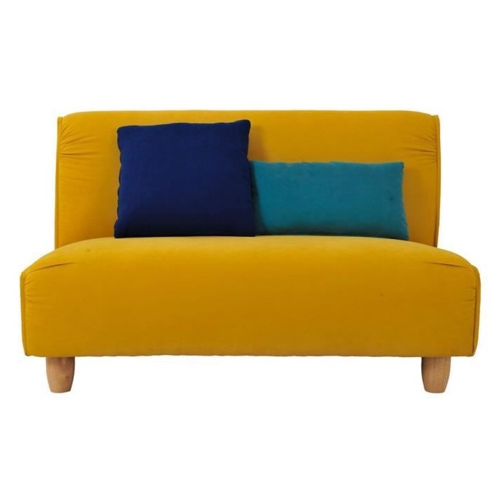 MELINA Canapé fixe 2 places - Tissu jaune moutarde et pieds en bois -