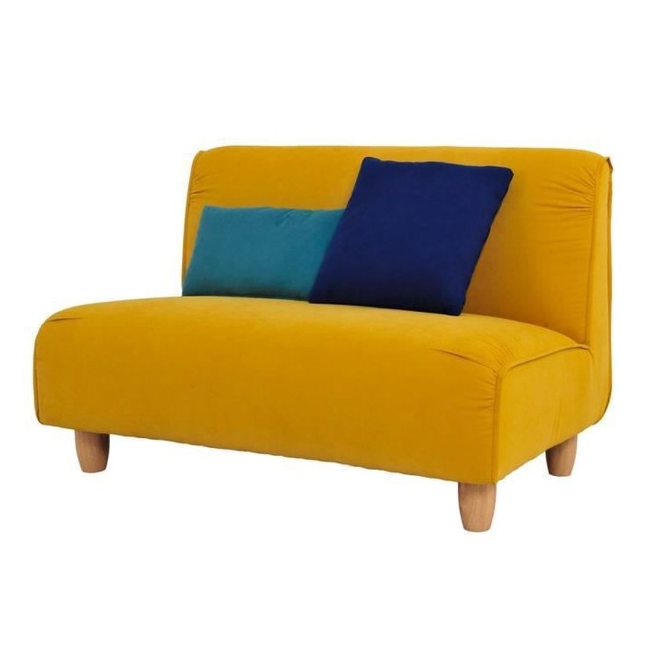 MELINA Canapé fixe 2 places - Tissu jaune moutarde et pieds en bois -
