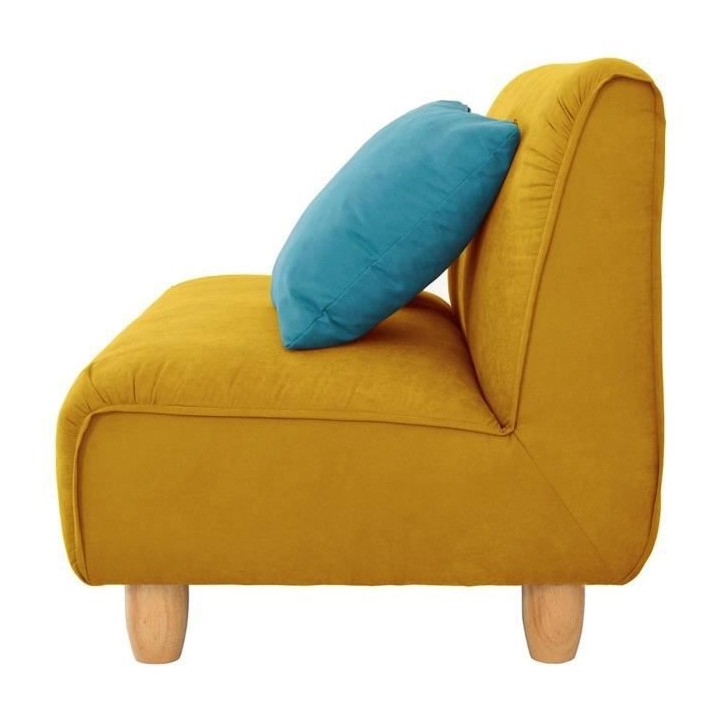 MELINA Canapé fixe 2 places - Tissu jaune moutarde et pieds en bois -