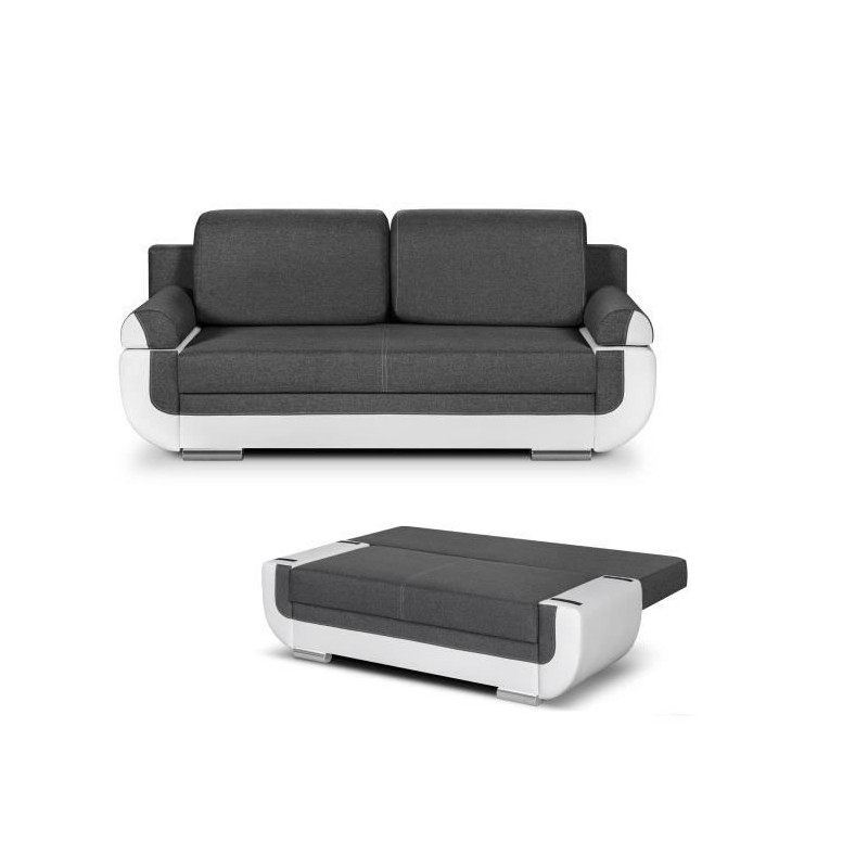 Banquette convertible avec le coffre - Tissu gris et simili blanc - L204 x P90 x H89cm - NINA