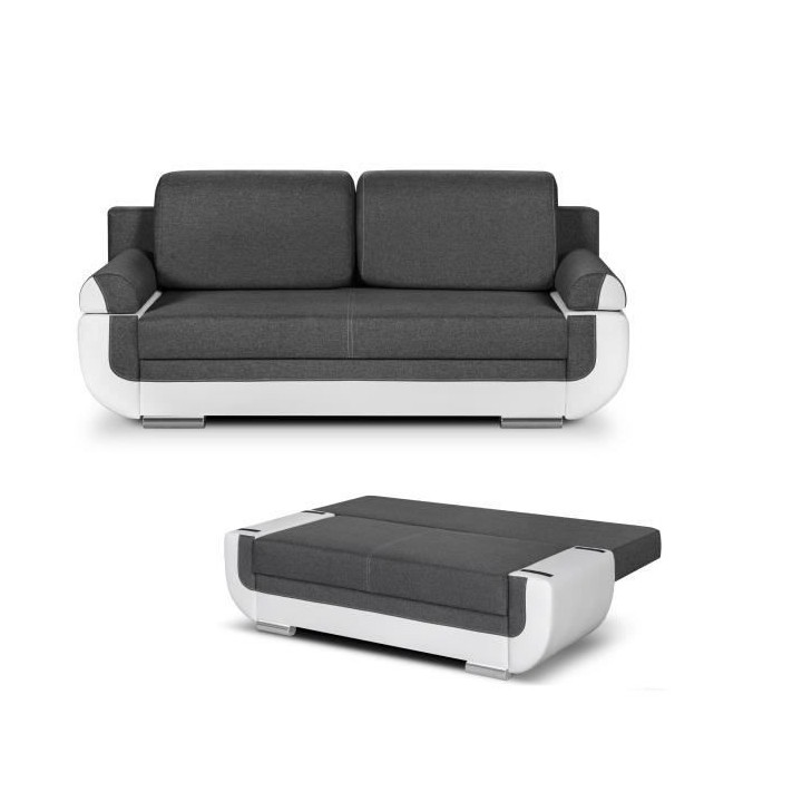 Banquette convertible avec le coffre - Tissu gris et simili blanc - L2