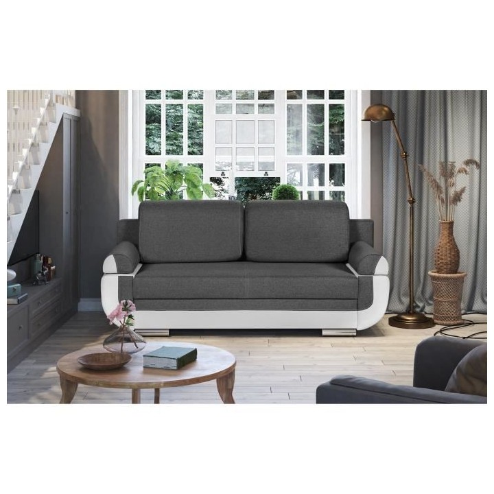 Banquette convertible avec le coffre - Tissu gris et simili blanc - L2