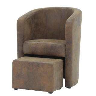 NUNO Fauteuil cabriolet + pouf en microfibre vintage marron - L 59 x P